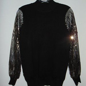 Catherine Malandrino Black Pullover Knit Sweater Blouse Sequin Sheer Sleeves M